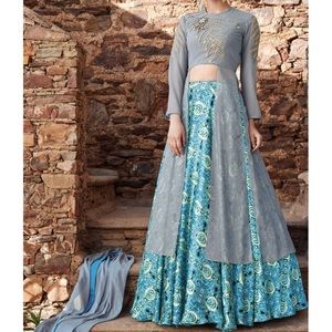 Grey Jacket Printed Lehenga Pakistani Indian